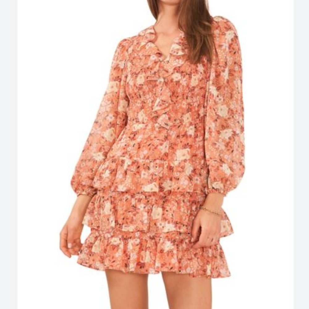 1 State Dress Floral Smocked Ruffle Long Sleeve Mini